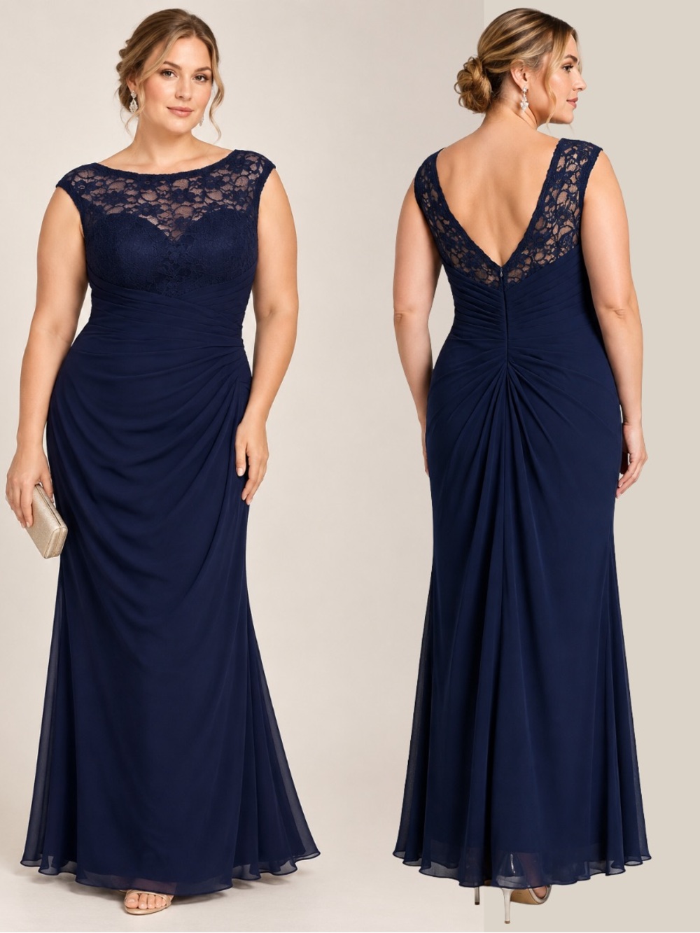Morille Navy Lace Evening Gown Ruched Bridesmaid Wedding Guest Maxi Dress Sz 16